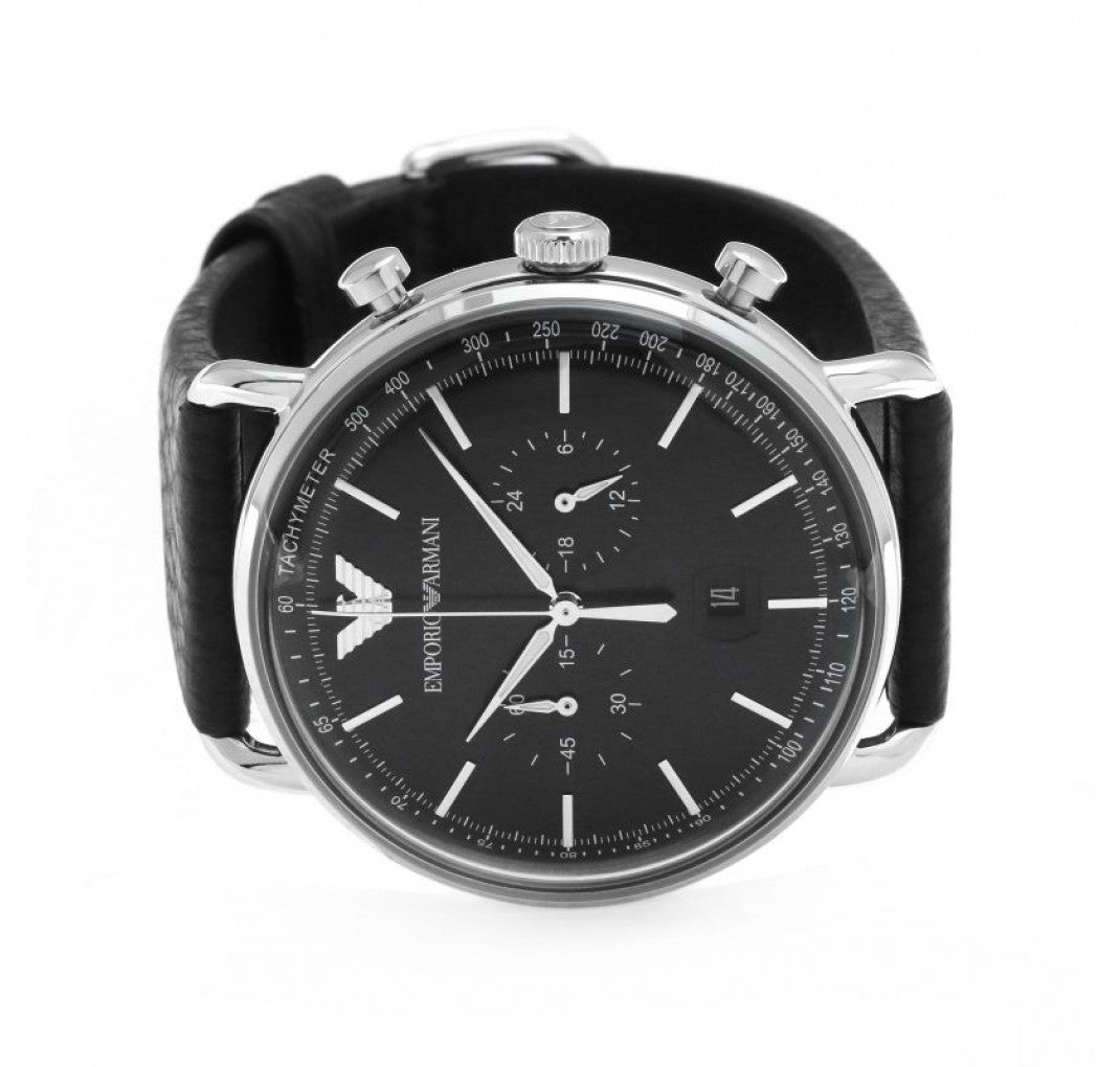 Emporio Armani Aviator Chronograph Black Dial Black Leather Strap Watch For Men - AR11143 Watches Emporio Armani   