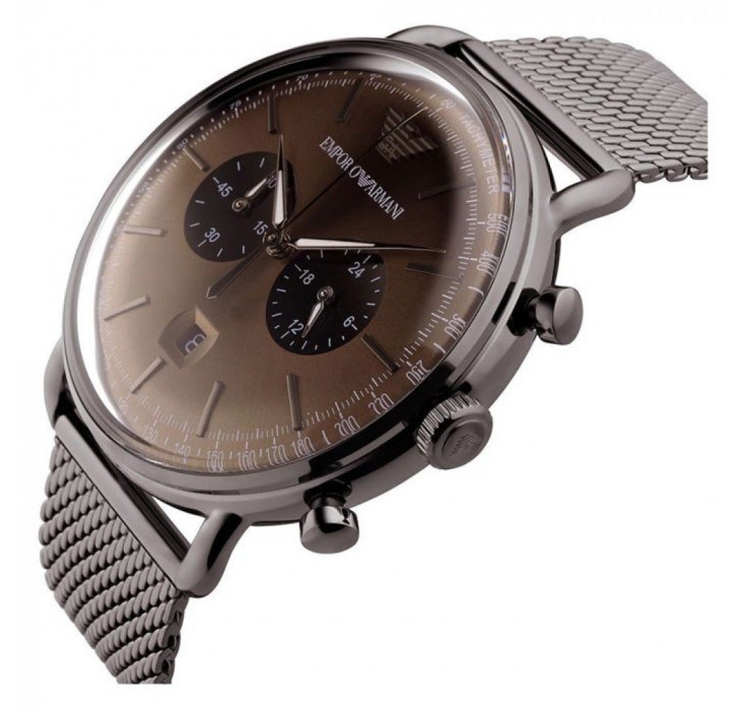 Emporio Armani Aviator Brown Dial Grey Mesh Bracelet Watch For Men - AR11141 Watches Emporio Armani   