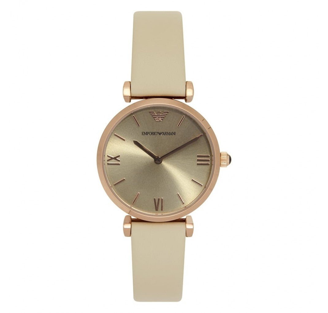 Emporio Armani Gianni T Bar Light Brown Dial White Leather Strap Watch For Women - AR1769 Watches Emporio Armani   