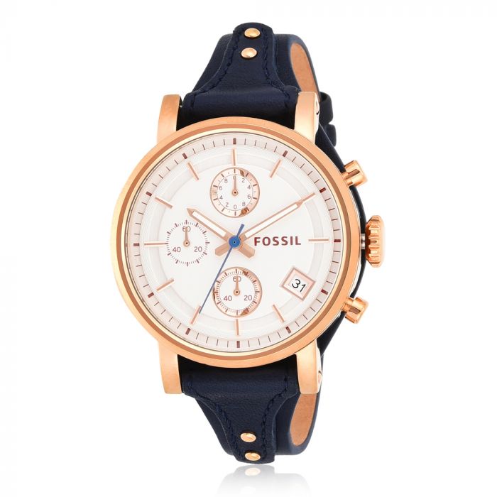 Fossil Original Boyfriend Chronograph White Dial Navy Blue Leather Strap Watch for Women - ES3838 Watches Fossil   