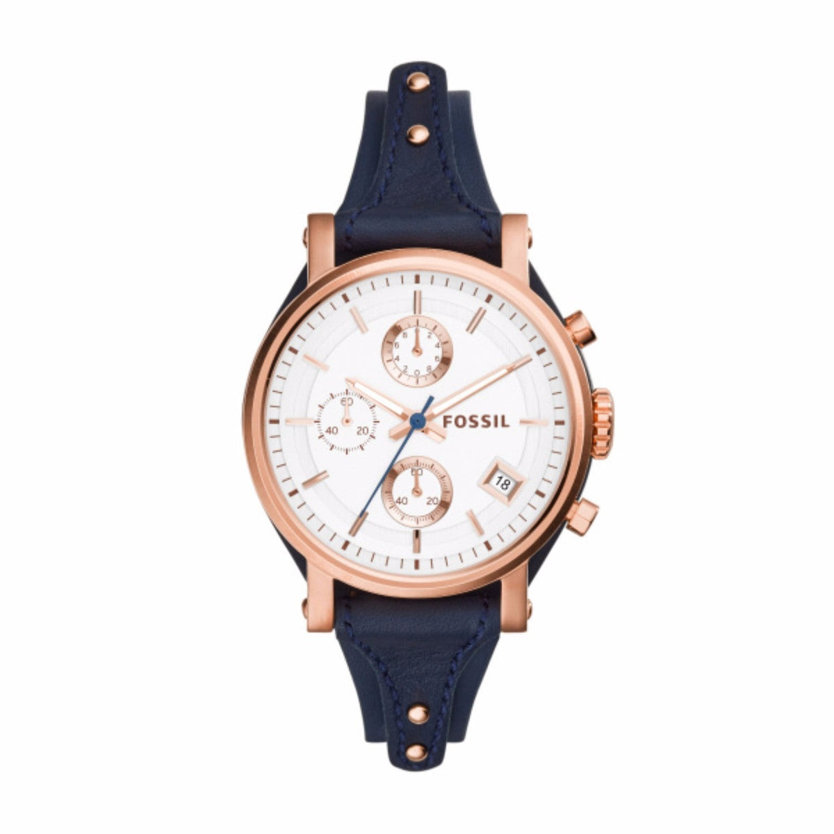 Fossil Original Boyfriend Chronograph White Dial Navy Blue Leather Strap Watch for Women - ES3838 Watches Fossil   