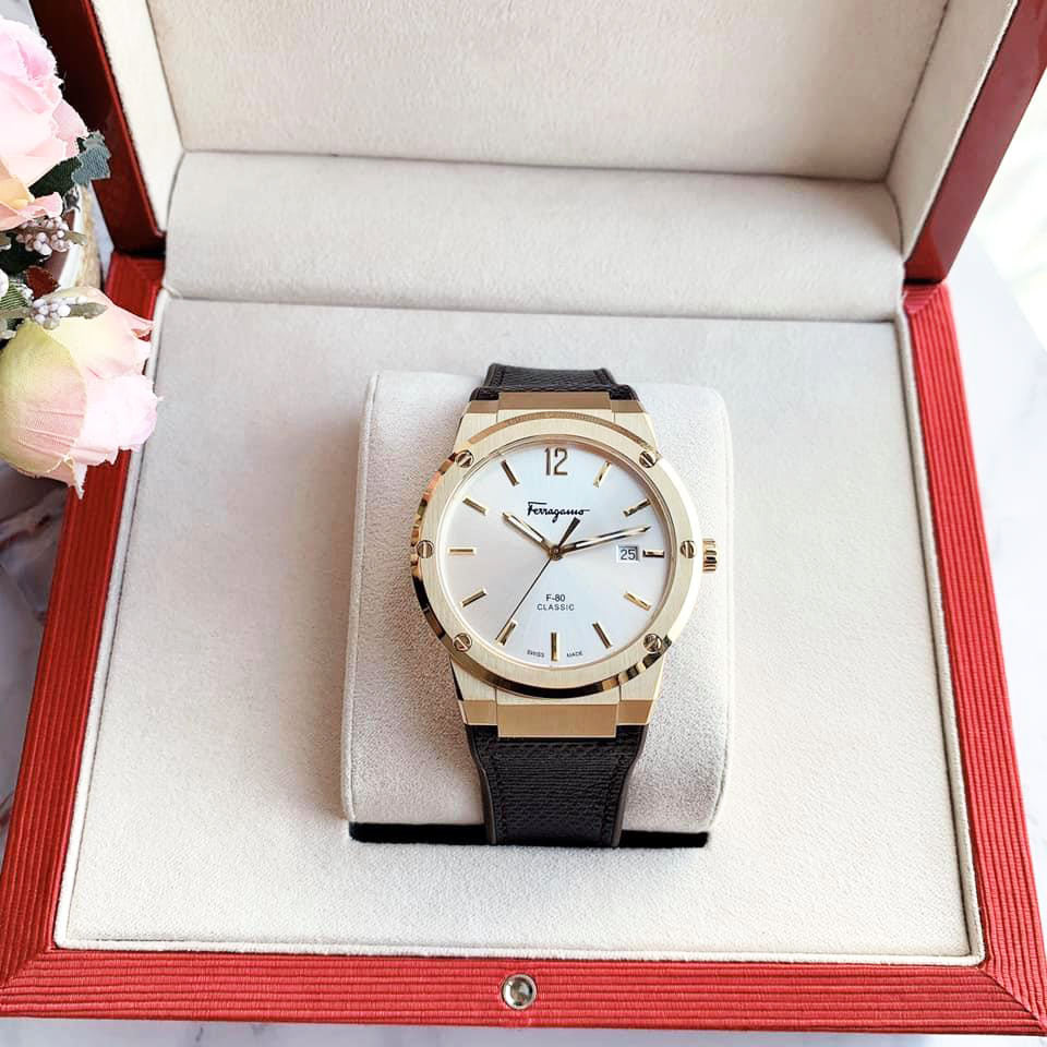 Salvatore Ferragamo F-80 Classic Silver Dial Brown Leather Strap Watch for Men - SFDT00419 Watches Salvatore Ferragamo   