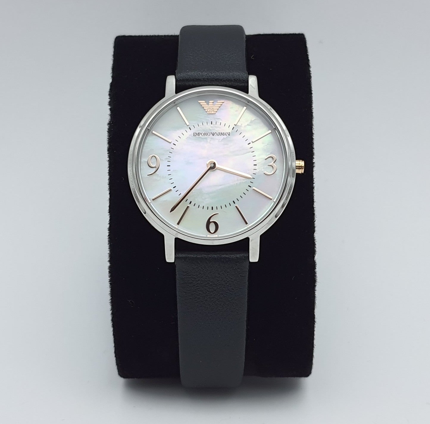 Emporio Armani Kappa White Mother of Pearl Dial Black Leather Strap Watch For Women - AR2509 Watches Emporio Armani   