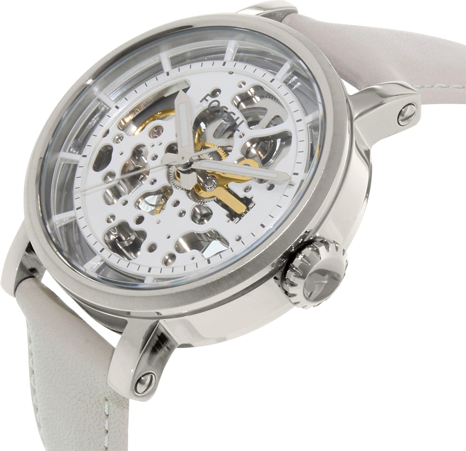 Fossil Boyfriend Automatic Skeleton Silver Dial White Leather Strap Watch for Women - ME3069 Watches Fossil   