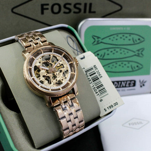 Fossil Boyfriend Automatic Skeleton Rose Gold Dial Rose Gold Steel Strap Watch for Women - ME3065 Watches Fossil   