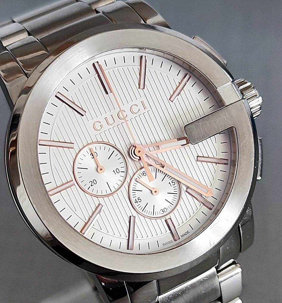 Gucci G Chrono Chronograph Silver Dial Silver Steel Strap Watch For Men - YA101201 Watches Gucci   