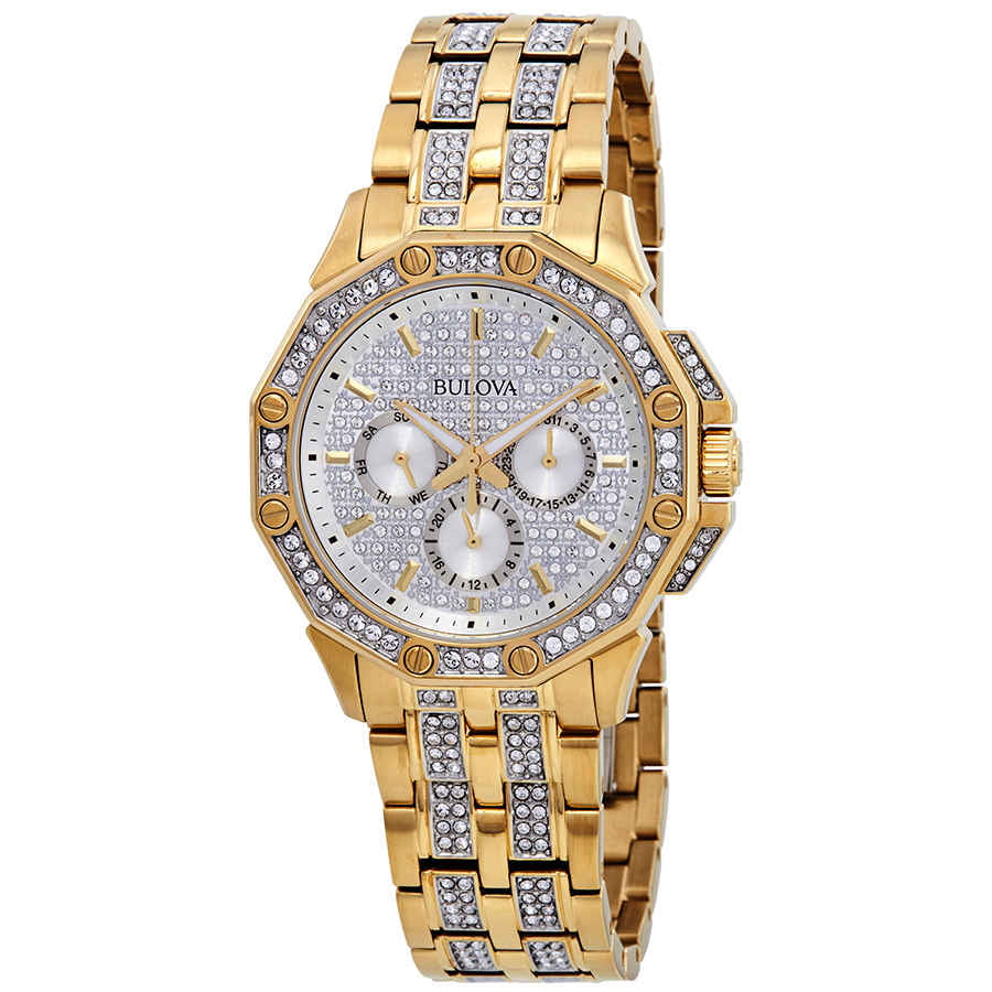 Bulova Crystal Collection Octova White Dial Gold Steel Strap Watch for Men - 98C126 Watches Bulova   