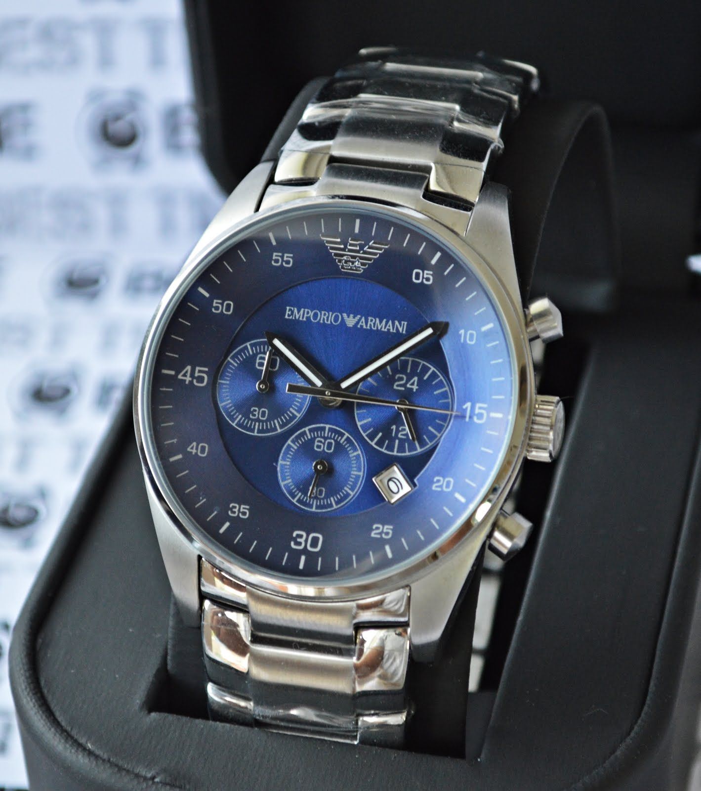 Emporio Armani Sportivo Chronograph Blue Dial Silver Stainless Steel Watch For Men - AR5860 Watches Emporio Armani   