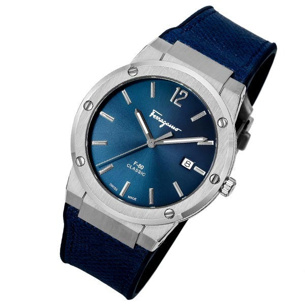 Salvatore Ferragamo F-80 Classics Blue Dial Blue Leather Strap Watch for Men - SFDT00719 Watches Salvatore Ferragamo   