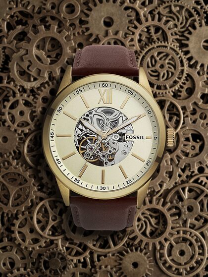 Fossil Flynn Mechanical Skeleton Champagne Dial Brown Leather Strap Watch for Men - BQ2215 Watches Fossil   