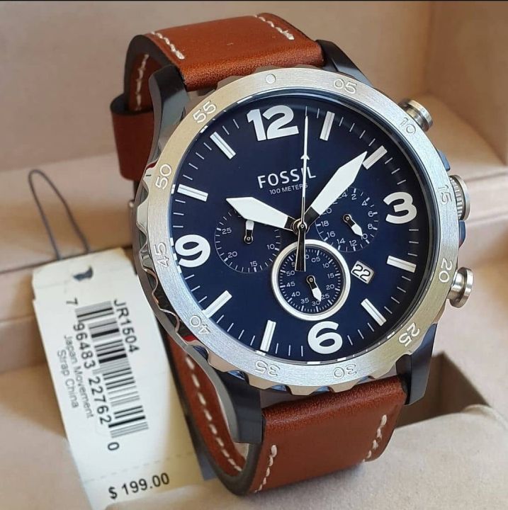 Fossil Nate Chronograph Navy Blue Dial Brown Leather Strap Watch for Men - JR1504 Watches Fossil   