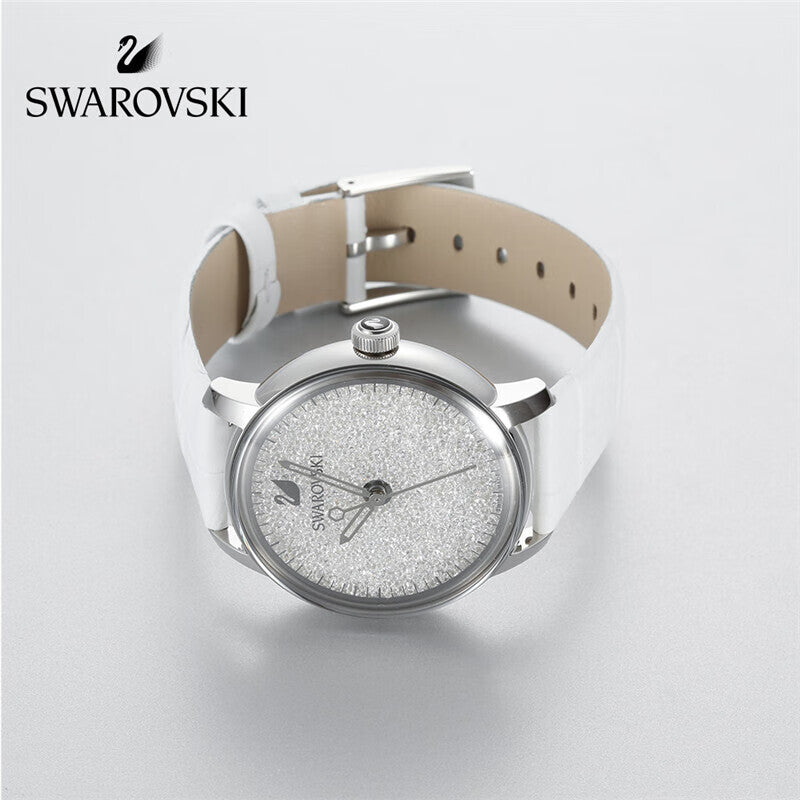 Swarovski Crystalline Hours Silver Dial White Leather Strap Watch for Women - 5295383 Watches Swarovski   