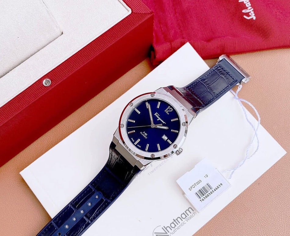 Salvatore Ferragamo F-80 Classic Blue Dial Blue Leather Strap Watch for Men - SFDT00319 Watches Salvatore Ferragamo   