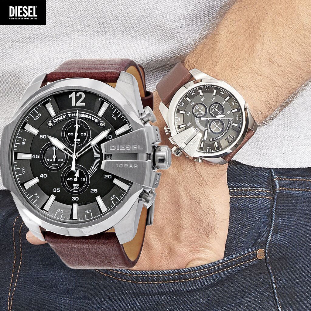 Diesel Mega Chief Black & Silver Round Dial Brown Leather Watch For Men - DZ4290 Watches Diesel   