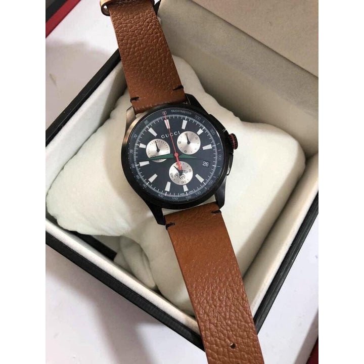 Gucci G-Timeless Chronograph Black Dial Brown Leather Strap Watch For Men - YA126271 Watches Gucci   