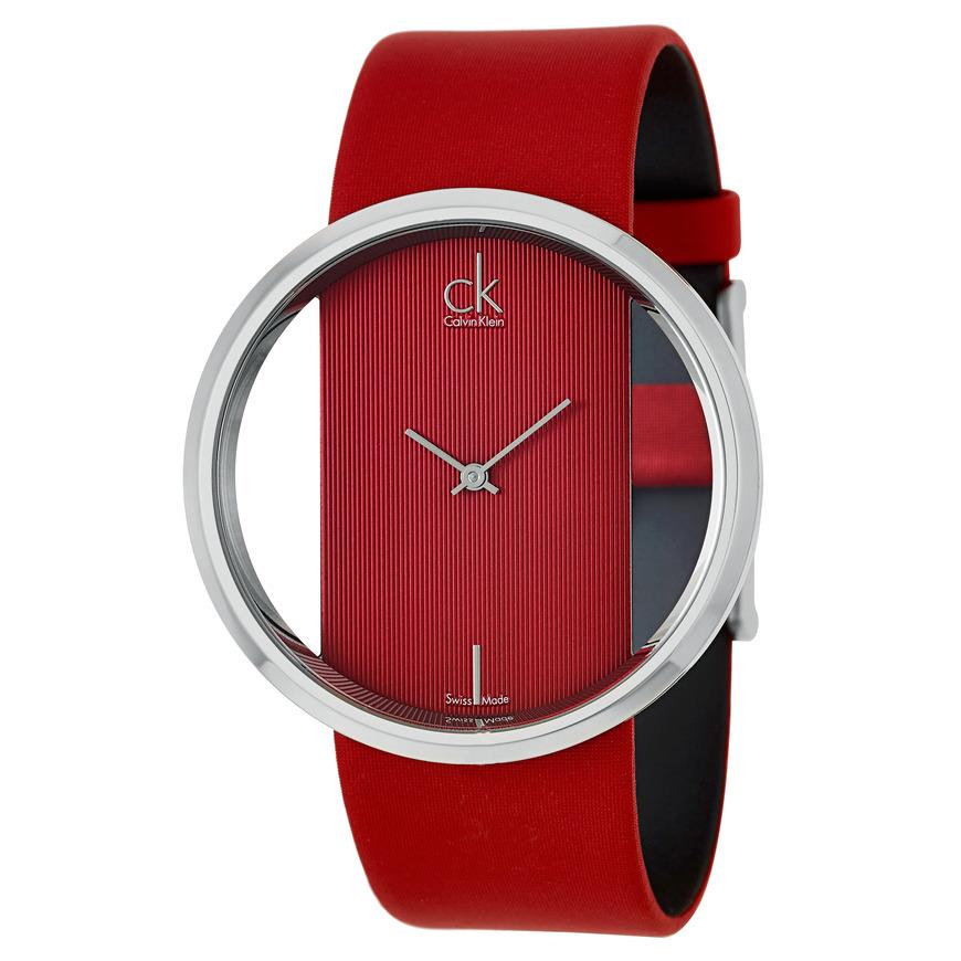 Calvin Klein Glam Transparent Dial Red Leather Strap Watch for Women - K9423144 Watches Calvin Klein   