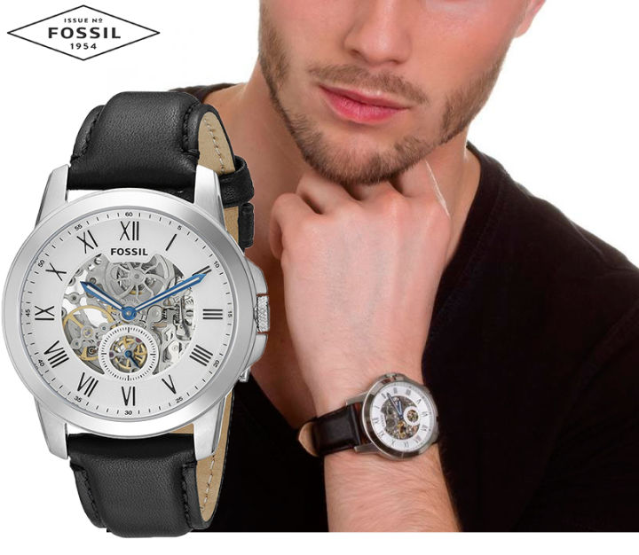 Fossil Grant Skeleton White Dial Black Leather Strap Watch for Men -  ME3053 Watches Fossil   