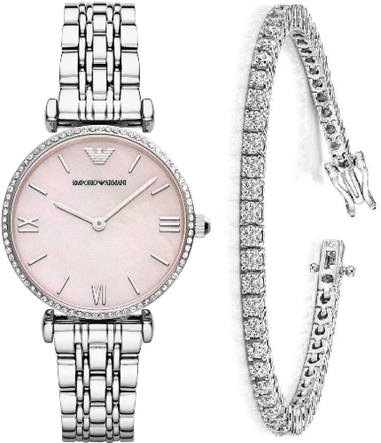 Emporio Armani Gianni T Bar Pink Mother of Pearl Dial Silver Stainless Steel Watch For Women - AR1779 Watches Emporio Armani   