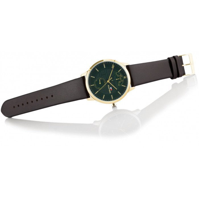 Tommy Hilfiger Hunter Green Dial Brown Leather Strap Watch for Men - 1791607 Watches Tommy Hilfiger   