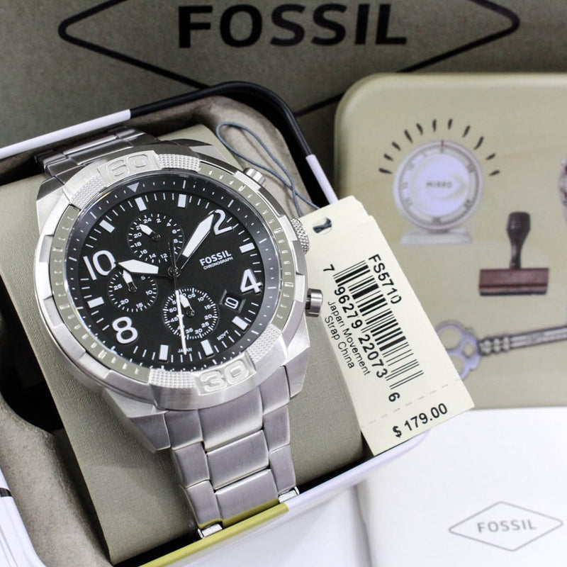 Fossil Bronson Chronograph Black Dial Silver Steel Strap Watch for Men - FS5710 Watches Fossil   