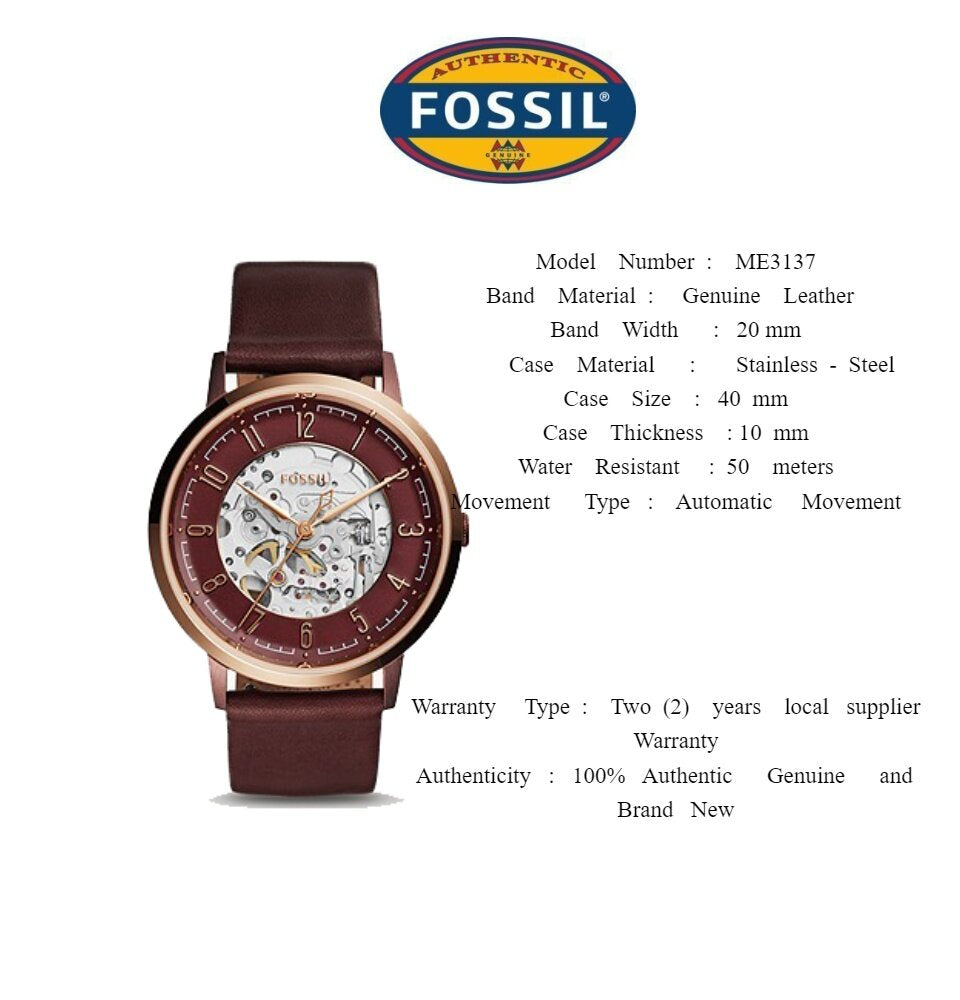 Fossil Vintage Muse Automatic Skeleton Maroon Dial Maroon Leather Strap Watch for Women - ME3137 Watches Fossil   