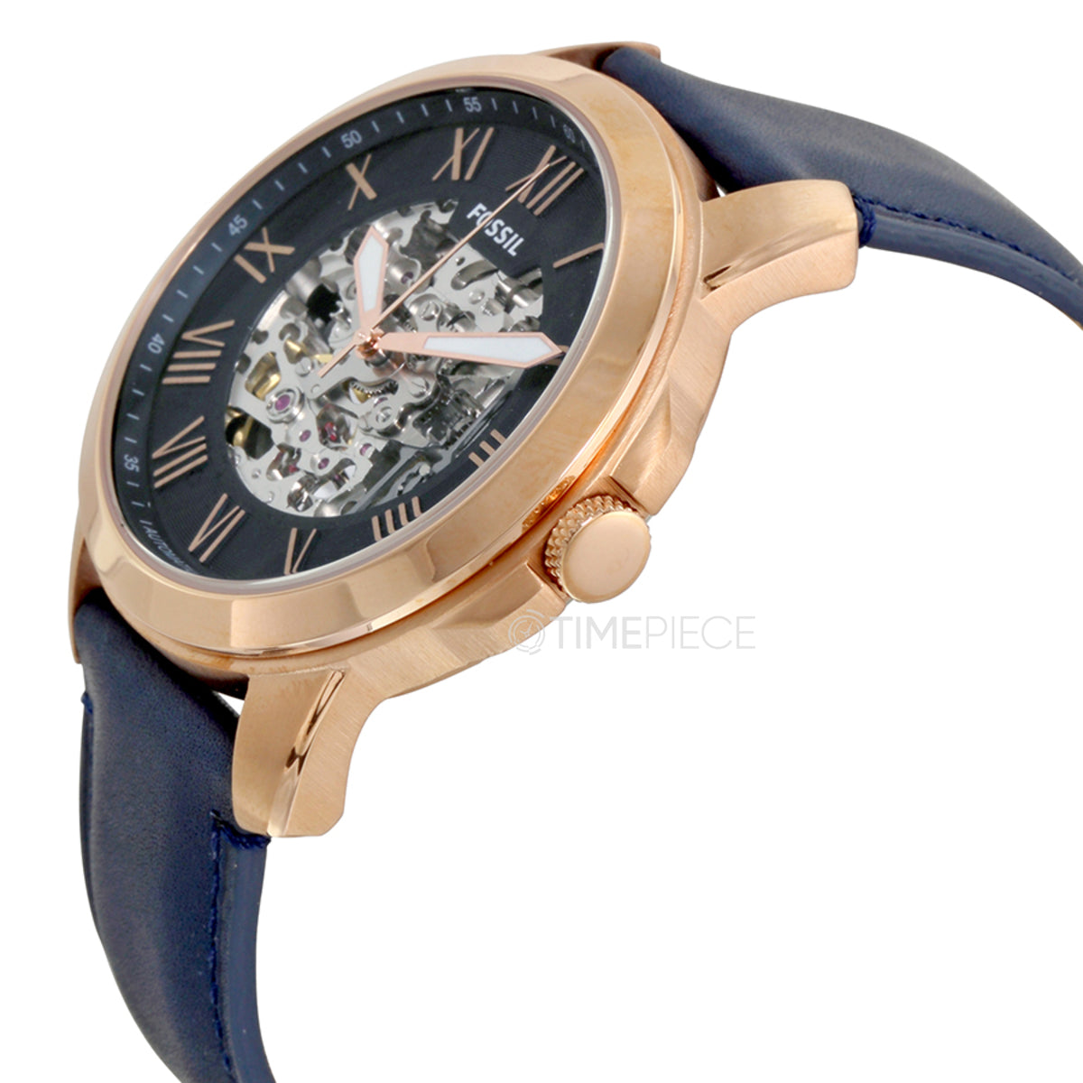 Fossil Grant Automatic Skeleton Navy Blue Dial Navy Blue Leather Strap Watch for Men - ME3102 Watches Fossil   