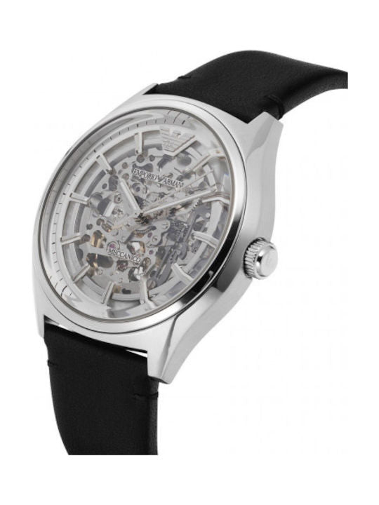 Emporio Armani Meccanico White Skeleton Dial Black Leather Strap Watch For Men - AR60003 Watches Emporio Armani   