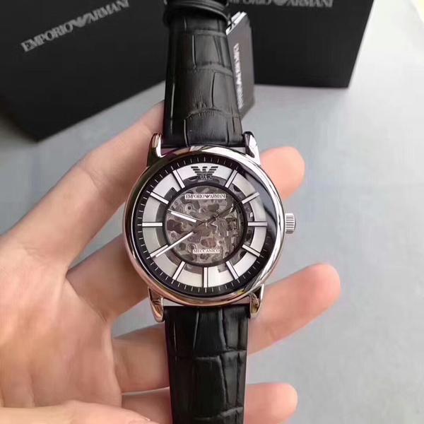 Emporio Armani Luigi Silver Skeleton Dial Black Leather Strap Watch For Men - AR1981 Watches Emporio Armani   