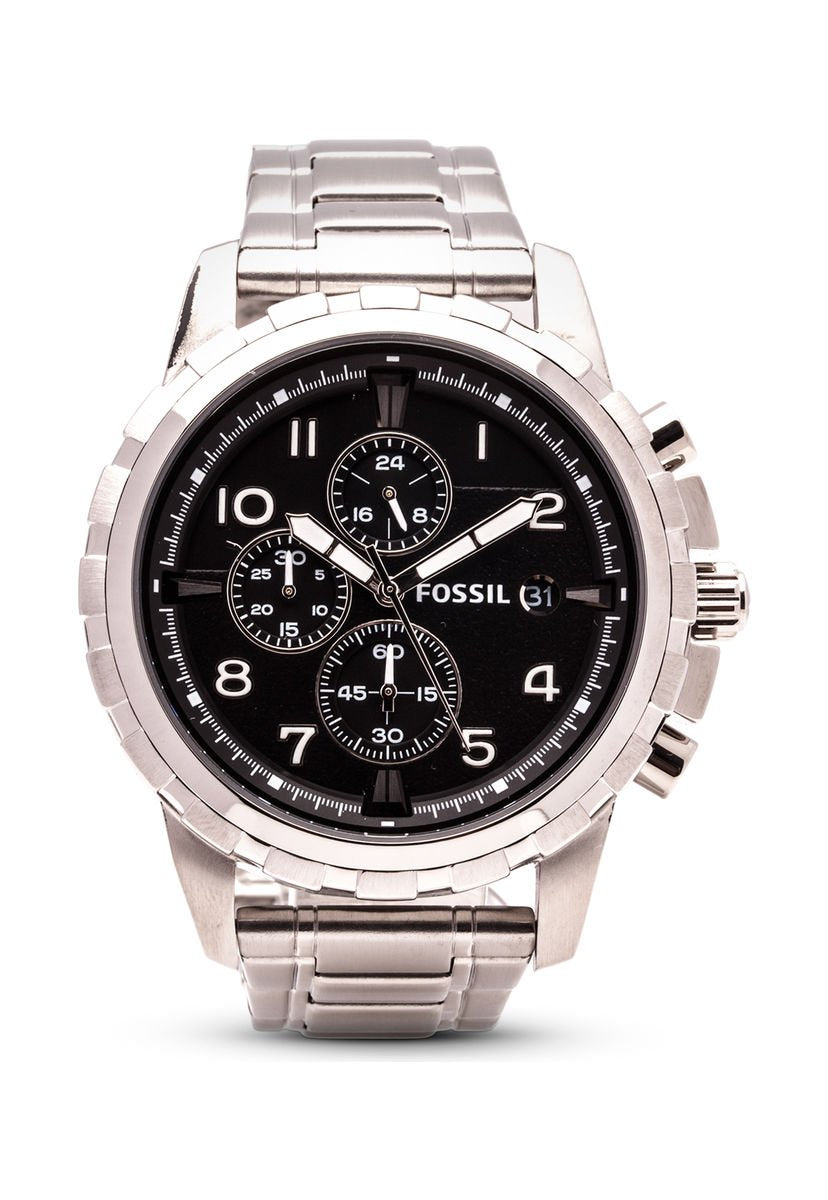 Fossil Dean Chronograph Black Dial Silver Steel Strap Watch for Men - FS4542 Watches Fossil   