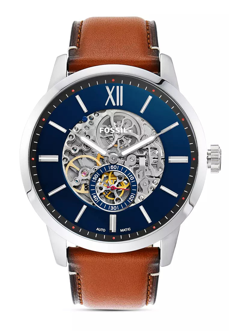 Fossil Townsman Automatic Skeleton Blue Dial Brown Leather Strap Watch for Men - ME3154 Watches Fossil   