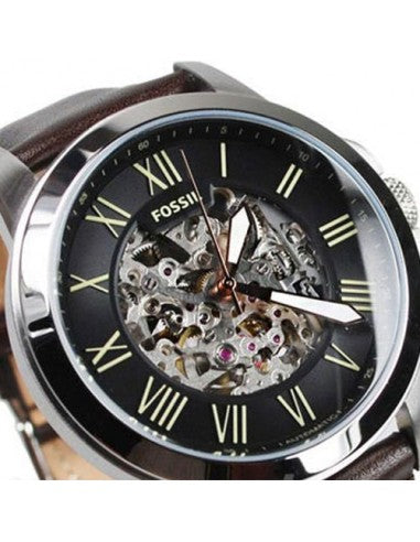 Fossil Grant Automatic Skeleton Black Dial Brown Leather Strap Watch for Men - ME3100 Watches Fossil   