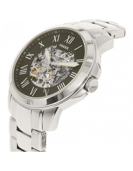 Fossil Grant Automatic Skeleton Black Dial Silver Steel Strap Watch for Men - ME3103 Watches Fossil   