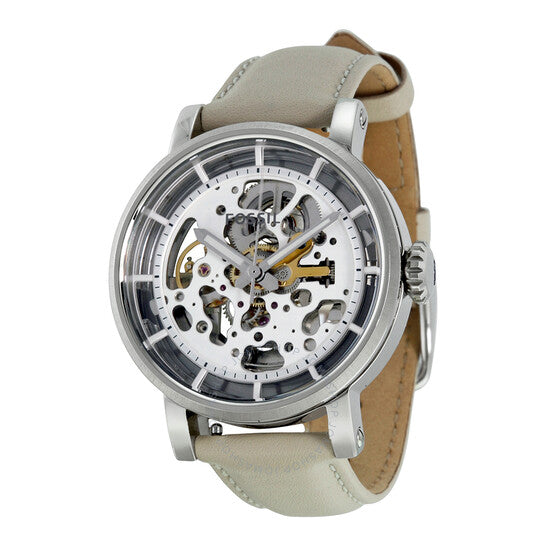 Fossil Boyfriend Automatic Skeleton Silver Dial White Leather Strap Watch for Women - ME3069 Watches Fossil   