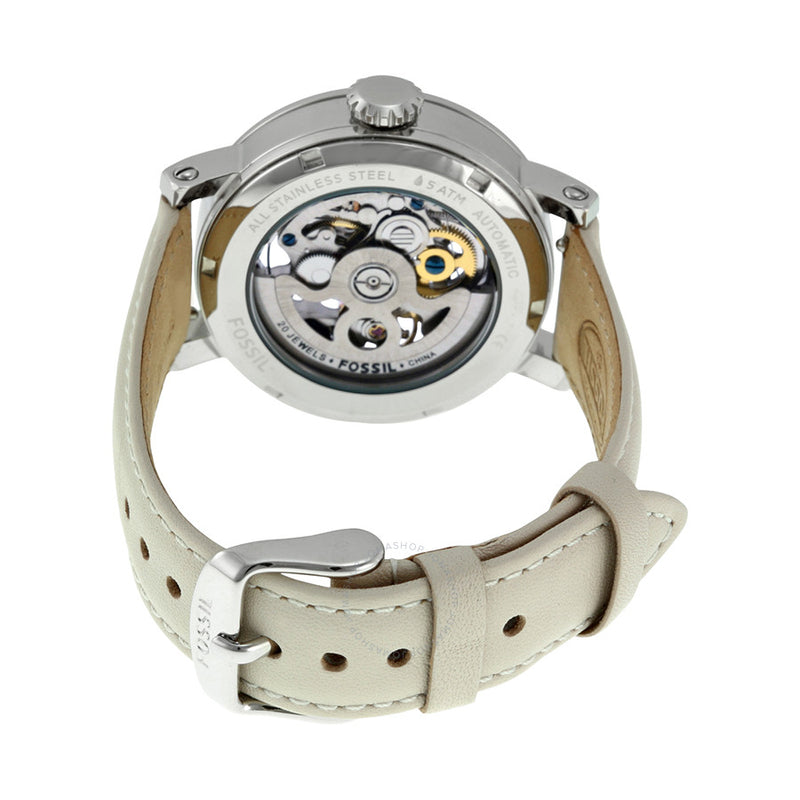 Fossil Boyfriend Automatic Skeleton Silver Dial White Leather Strap Watch for Women - ME3069 Watches Fossil   