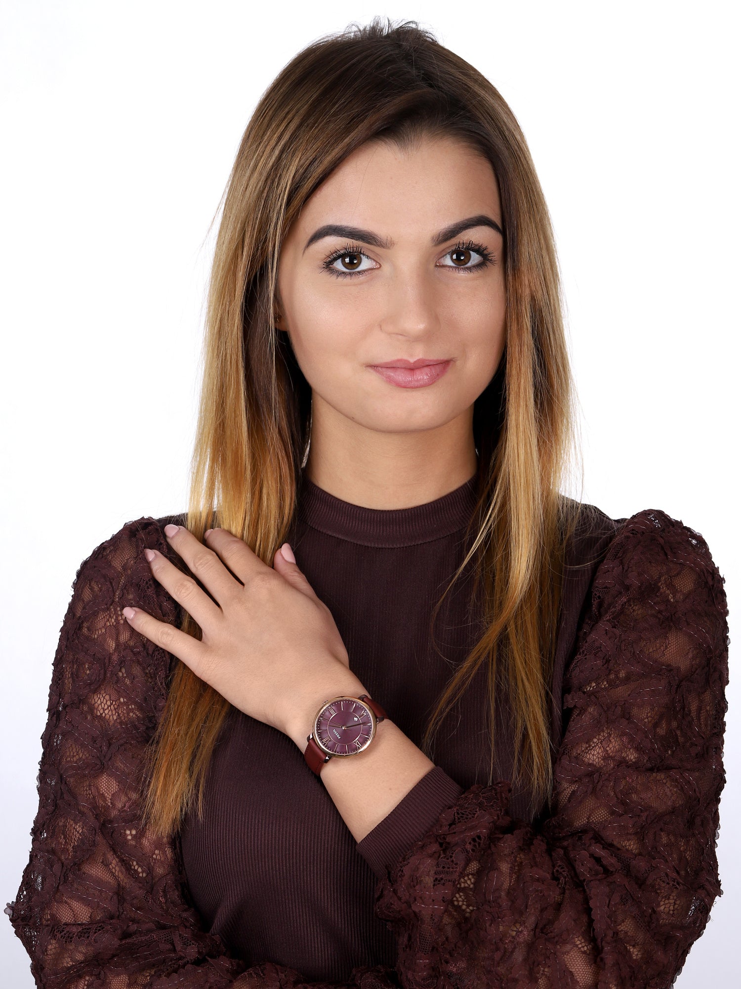 Fossil Jacqueline Burgundy Dial Burgundy Leather Strap Watch for Women  - ES4099 Watches Fossil   