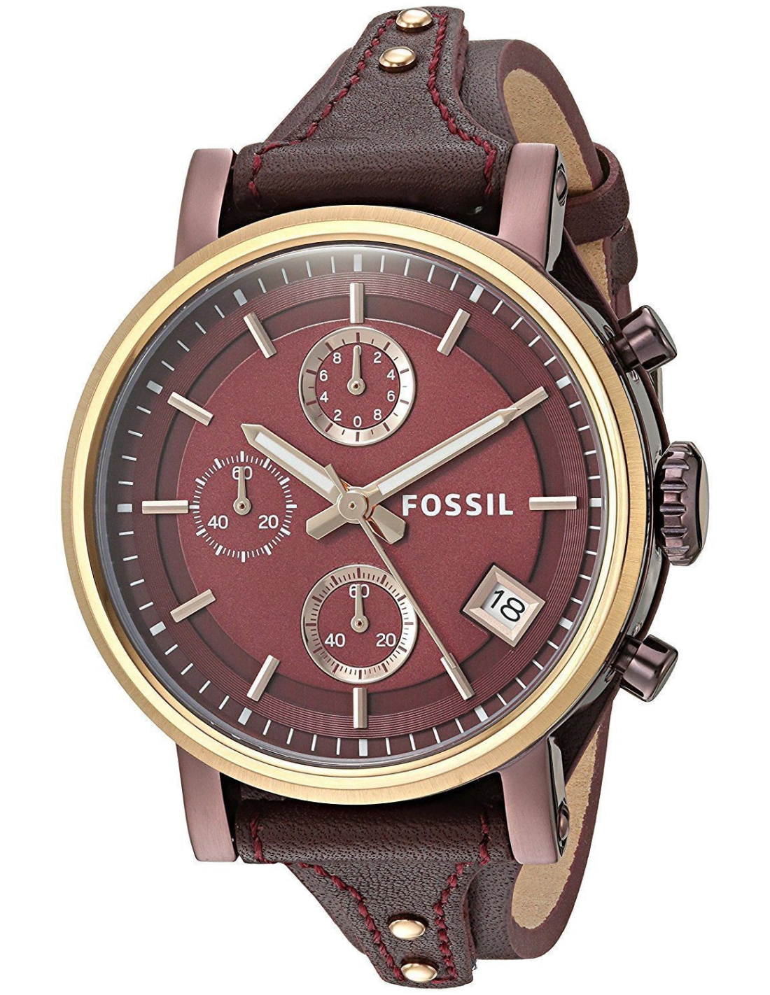 Fossil Original Boyfriend Sport Chronograph Maroon Dial Maroon Leather Strap Watch for Women - ES4114 Watches Fossil   