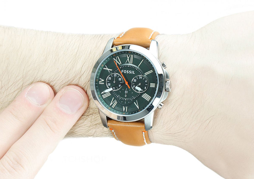 Fossil Grant Chronograph Green Dial Brown Leather Strap Watch for Men - FS4918 Watches Fossil   