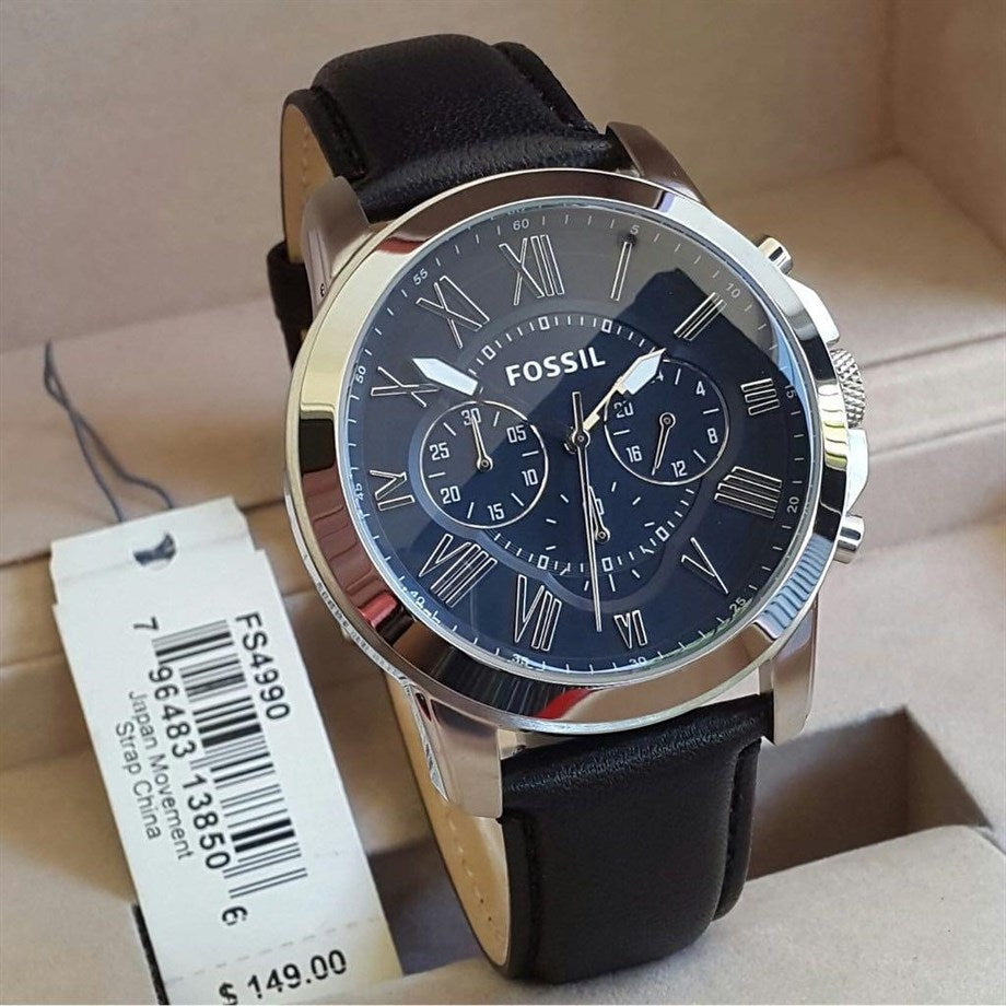 Fossil Grant Chronograph Blue Dial Black Leather Strap Watch for Men - FS4990 Watches Fossil   