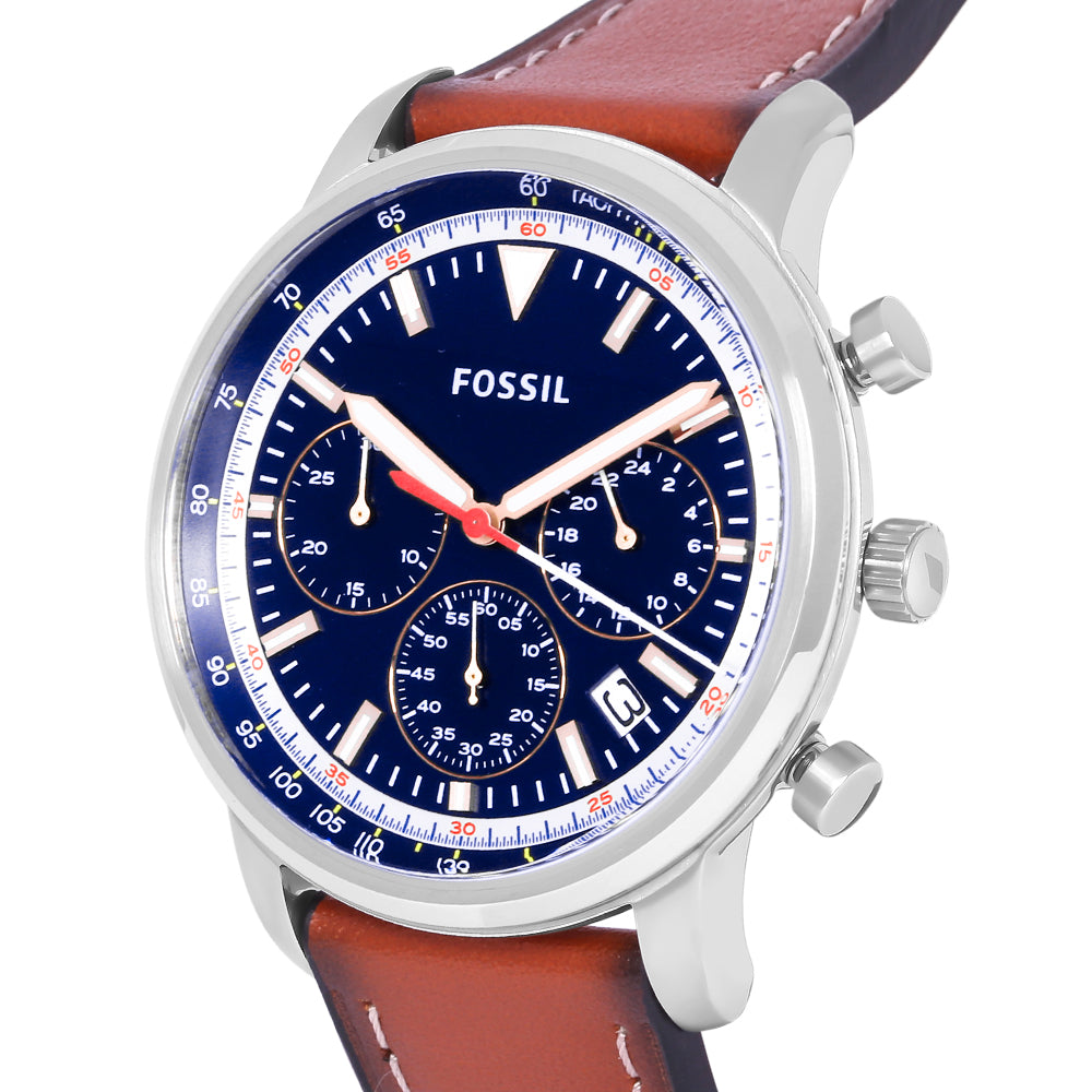 Fossil Goodwin Chronograph Blue Dial Brown Leather Strap Watch for Men - FS5414 Watches Fossil   