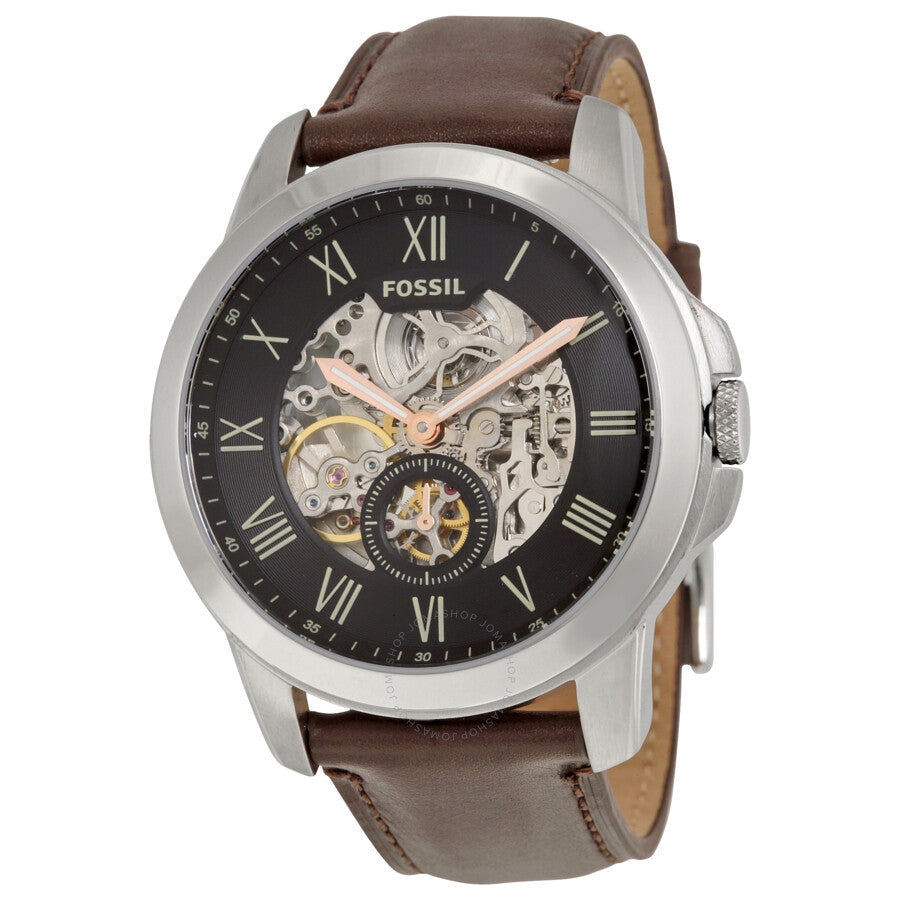 Fossil Grant Automatic Skeleton Black Dial Brown Leather Strap Watch for Men - ME3095 Watches Fossil   