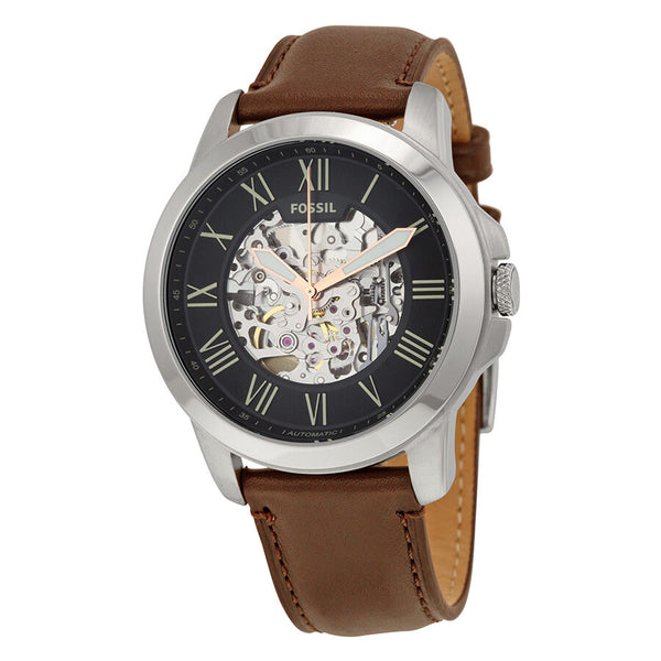 Fossil Grant Automatic Skeleton Black Dial Brown Leather Strap Watch for Men - ME3100 Watches Fossil   