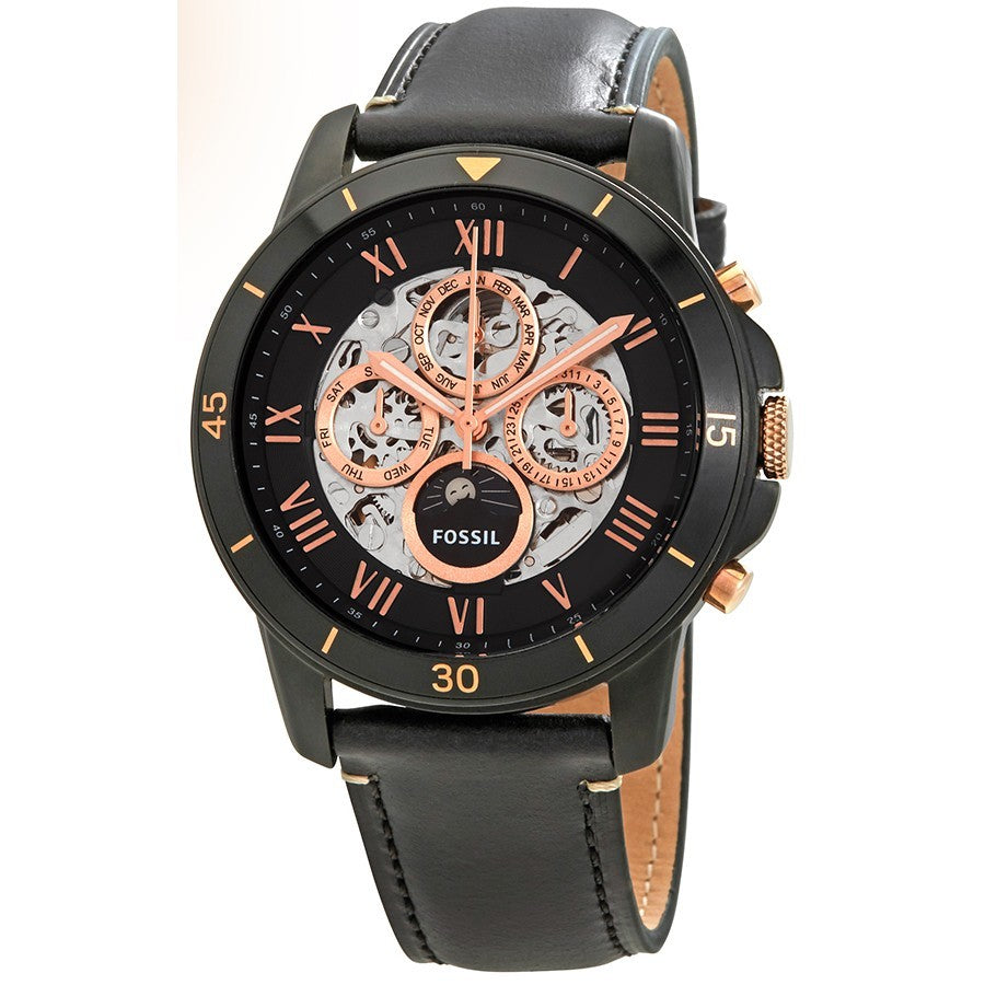 Fossil Grant Sport Automatic Skeleton Black Dial Black Leather Strap Watch for Men - ME3138 Watches Fossil   