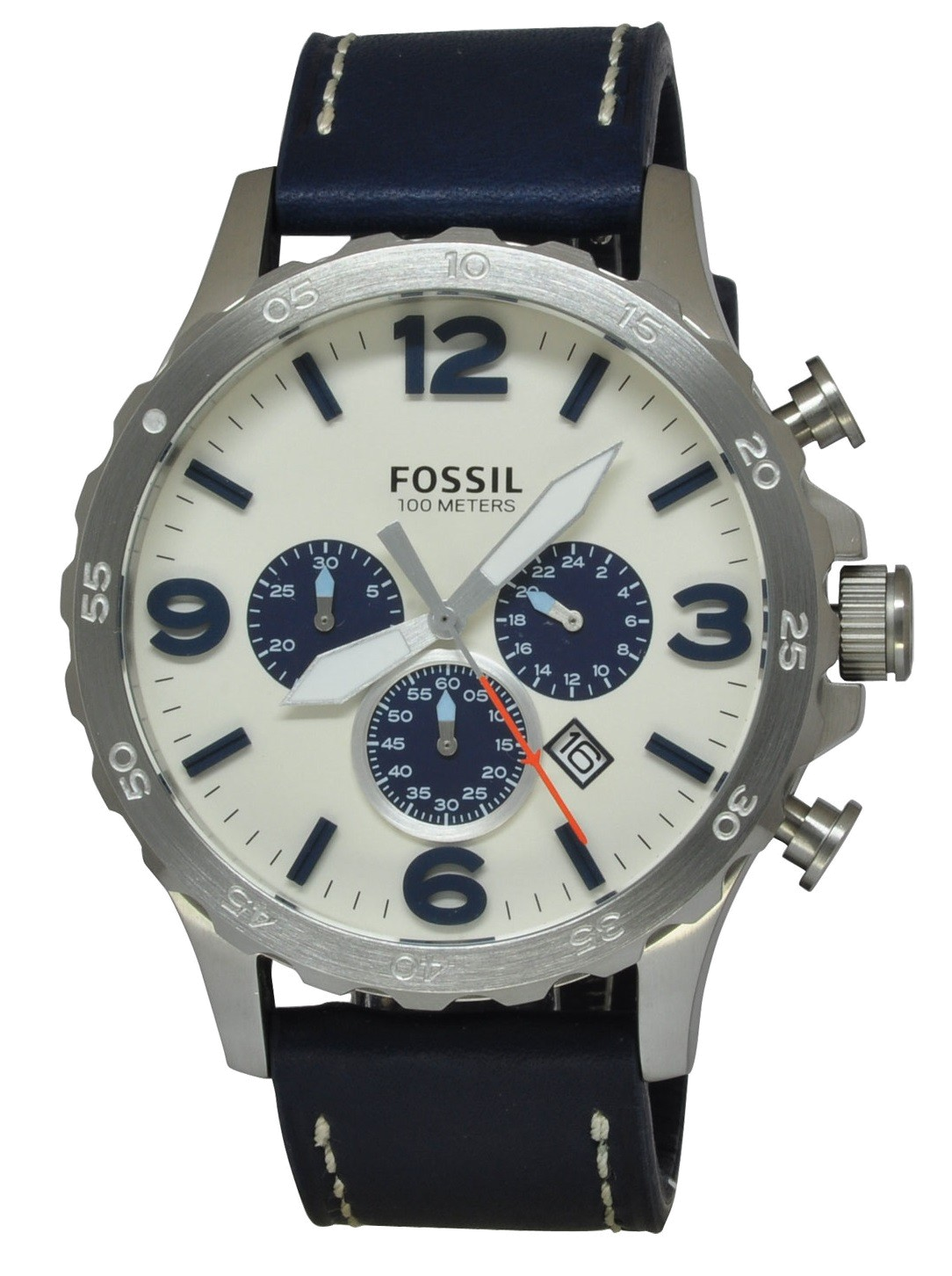 Fossil Nate Chronograph White Dial Blue Leather Strap Watch for Men - JR1480 Watches Fossil   