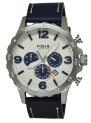 Fossil Nate Chronograph White Dial Blue Leather Strap Watch for Men - JR1480 Watches Fossil   