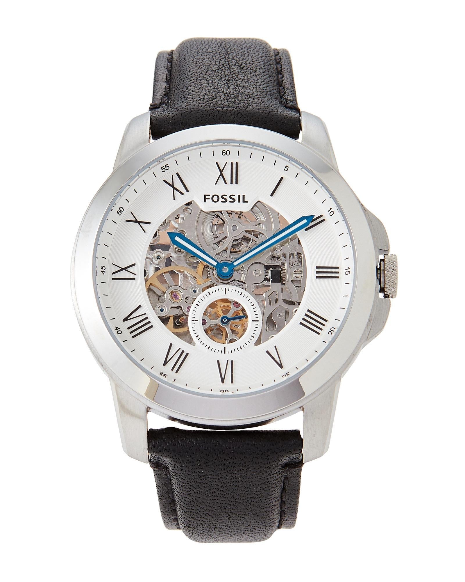 Fossil Grant Skeleton White Dial Black Leather Strap Watch for Men -  ME3053 Watches Fossil   