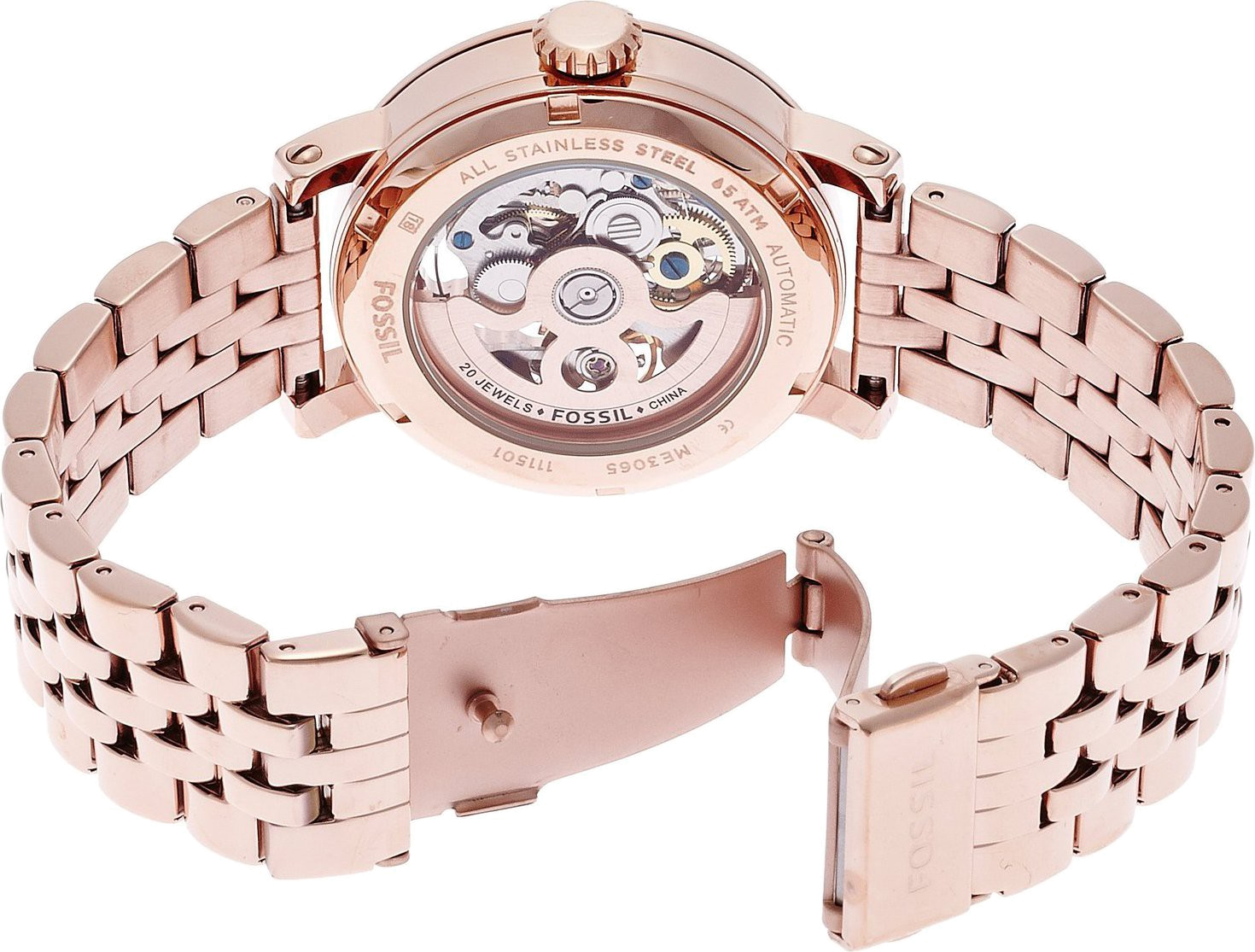 Fossil Boyfriend Automatic Skeleton Rose Gold Dial Rose Gold Steel Strap Watch for Women - ME3065 Watches Fossil   