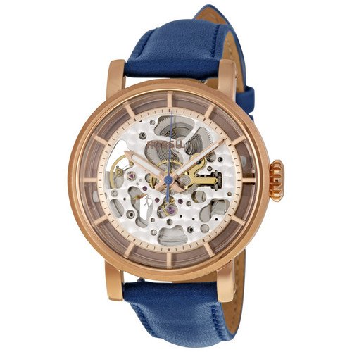 Fossil Original Boyfriend Skeleton White Dial Blue Leather Strap Watch for Women - ME3086 Watches Fossil   