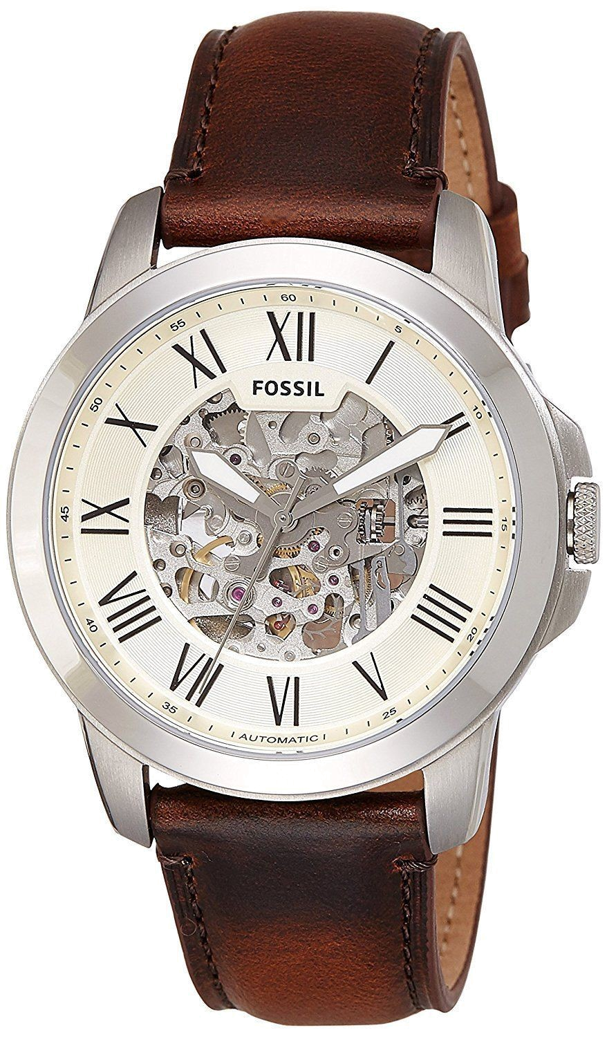 Fossil Grant Automatic Beige Skeleton Dial Brown Leather Strap Watch for Men - ME3099 Watches Fossil   