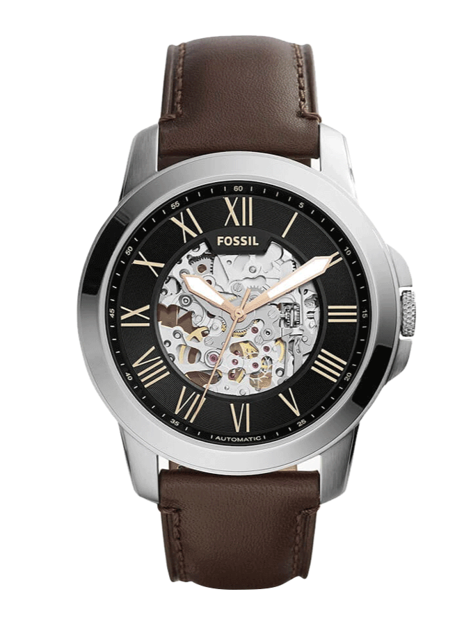 Fossil Grant Automatic Skeleton Black Dial Brown Leather Strap Watch for Men - ME3100 Watches Fossil   