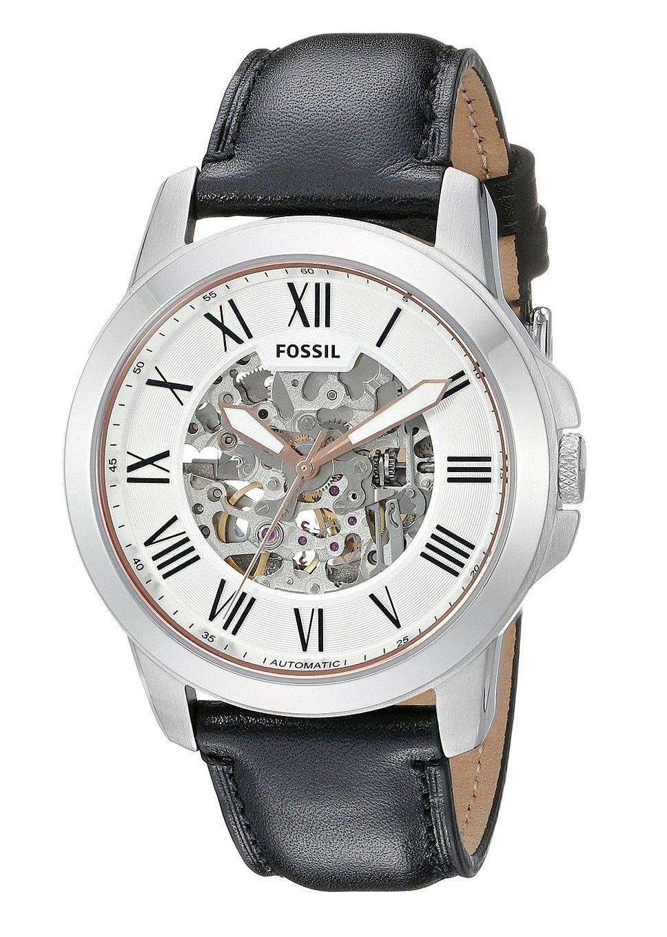 Fossil Grant Automatic Skeleton White Dial Black Leather Strap Watch for Men - ME3101 Watches Fossil   